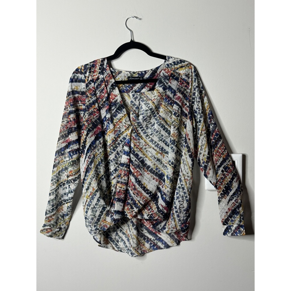 M Miraclesuit Womens V Neck Draped Front Long Sleeve Blouse Size S Abstract